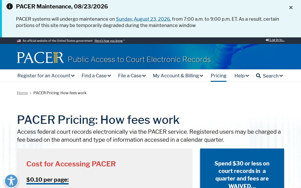 PACER pricing information distinct from Bicknell record fees