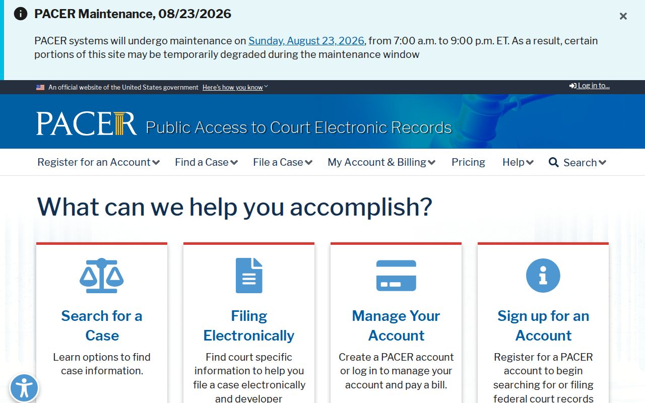 PACER federal search separate from a Bicknell city docket