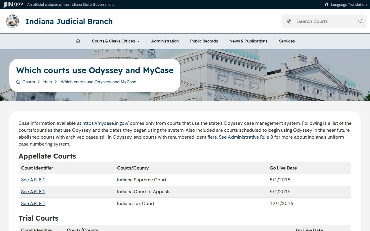 Odyssey court list supporting Knox County court date searches